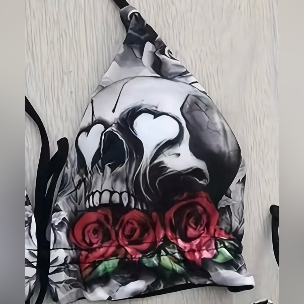 Skull Roses Triangle Halter Side Tie Bikini Set - Picture 7 of 11